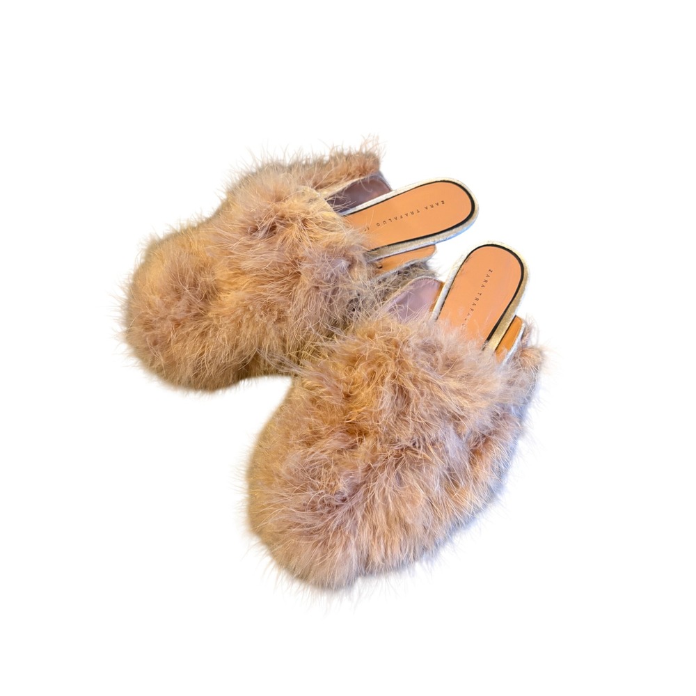 Zara Trafaluc Faux Fur Mules Blush Pink Feathery Flat Slides Size 40